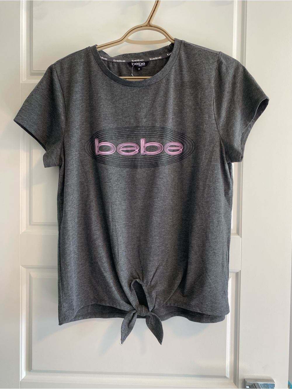 NWOT BEBE Charcoal Gray Tee with Pink Logo and Front Tie